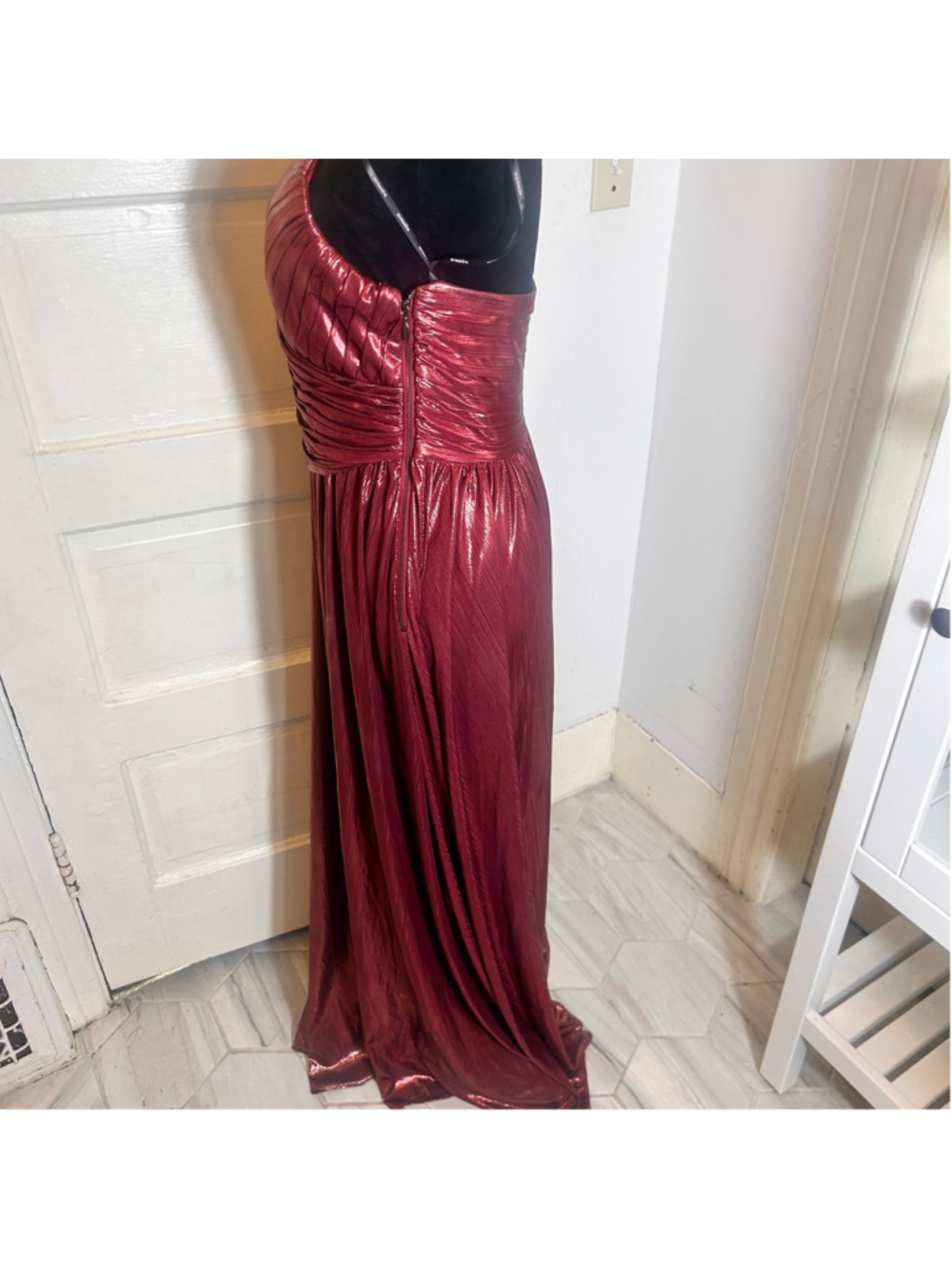 Women's Retrofete Red Metallic Ruched Strapless Maxi Dress Gown Disco Ethereal - Picture 4 of 9